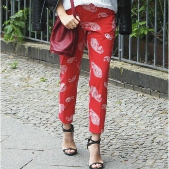 Lands End Women's 8P Red Paisley Mid Rise Straight Leg Pants Cotton Spandex - Picture 2 of 9